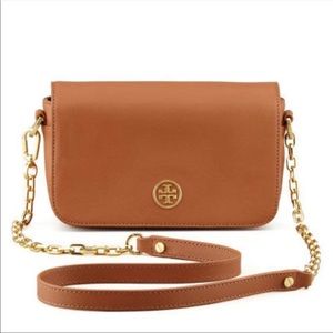 Tory Burch Robinson tan leather crossbody bag.